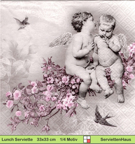 Zwei kleine Engel mit Schwalben und Rosen - 1 Paket mit 20 Servietten